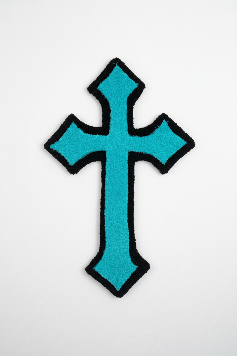 Handmade tufted cross rug in turquoise and black displayed on a white wall