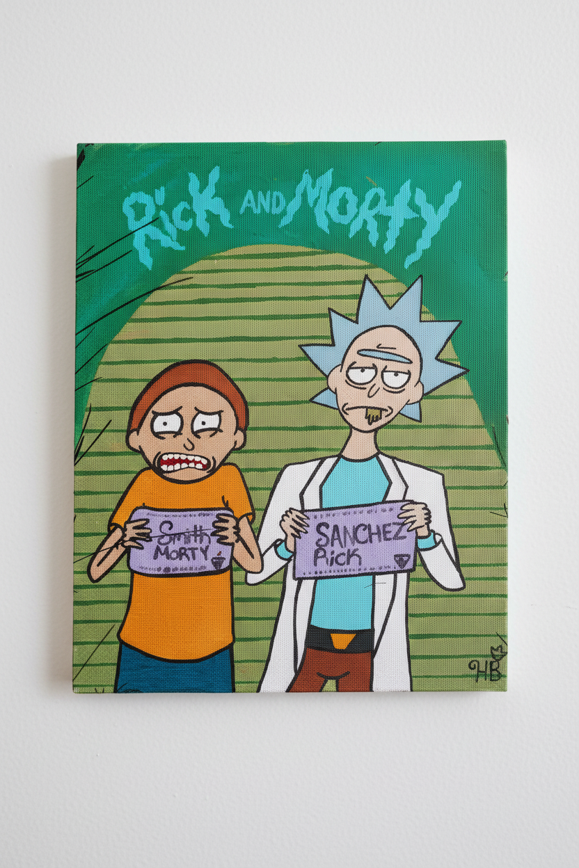 Close-up of handmade Rick and Morty canvas painting on a clean white wall